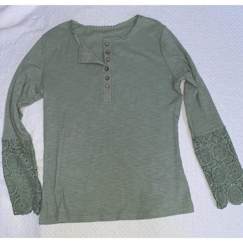 Sage Green Cottagecore Lace Henley XL Ribbed Long Sleeve Crochet Boho Blouse